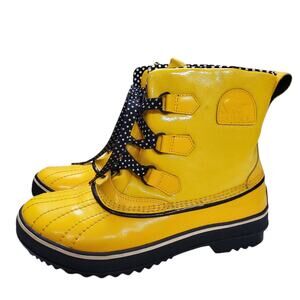 Sorel Tivoli Rain Boots Yellow Patent Leather Polka Dot Lining & Laces - Size 8